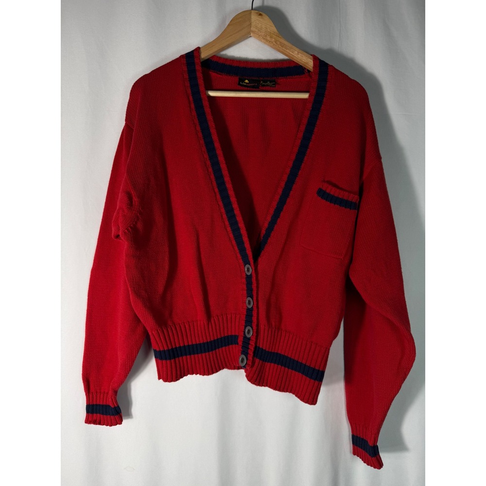 VTG 80s LIZ SPORT‎ Red Navy Stripe V Neck Button Up Cardigan Sweater Medium